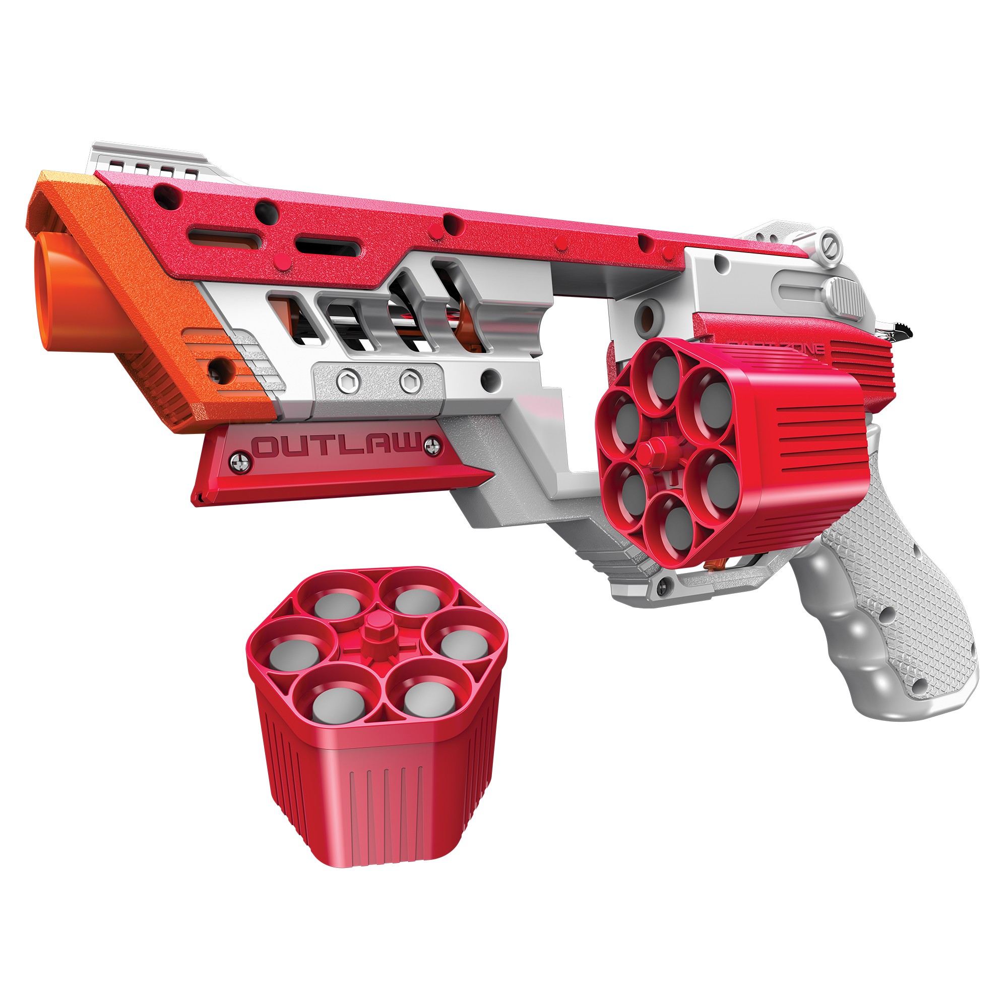Red, silver, and orange Dart Zone Max Outlaw blasters with loading mechanism shown.