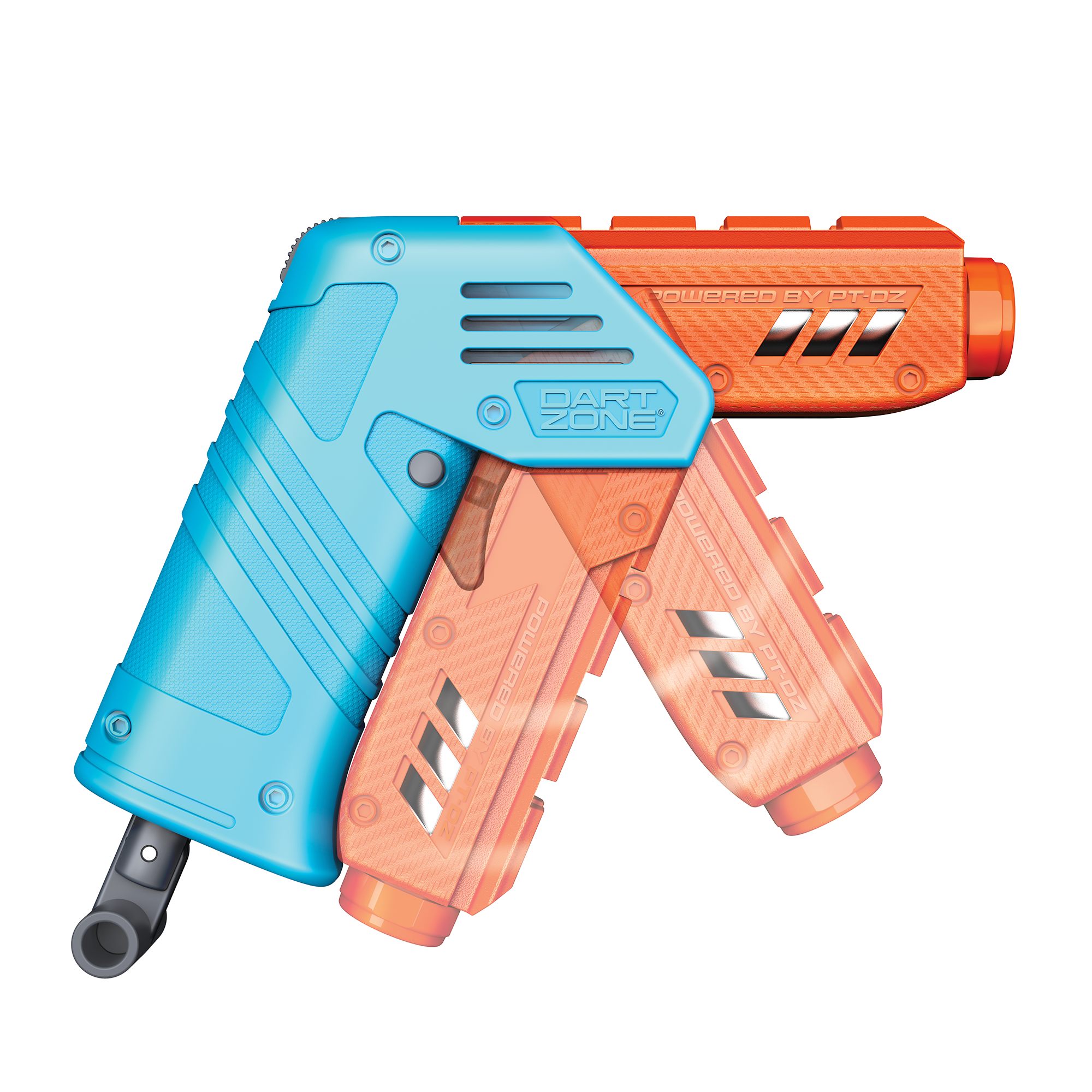 Blue and orange mini Dart Zone Solo Pro blaster showed flipping open.