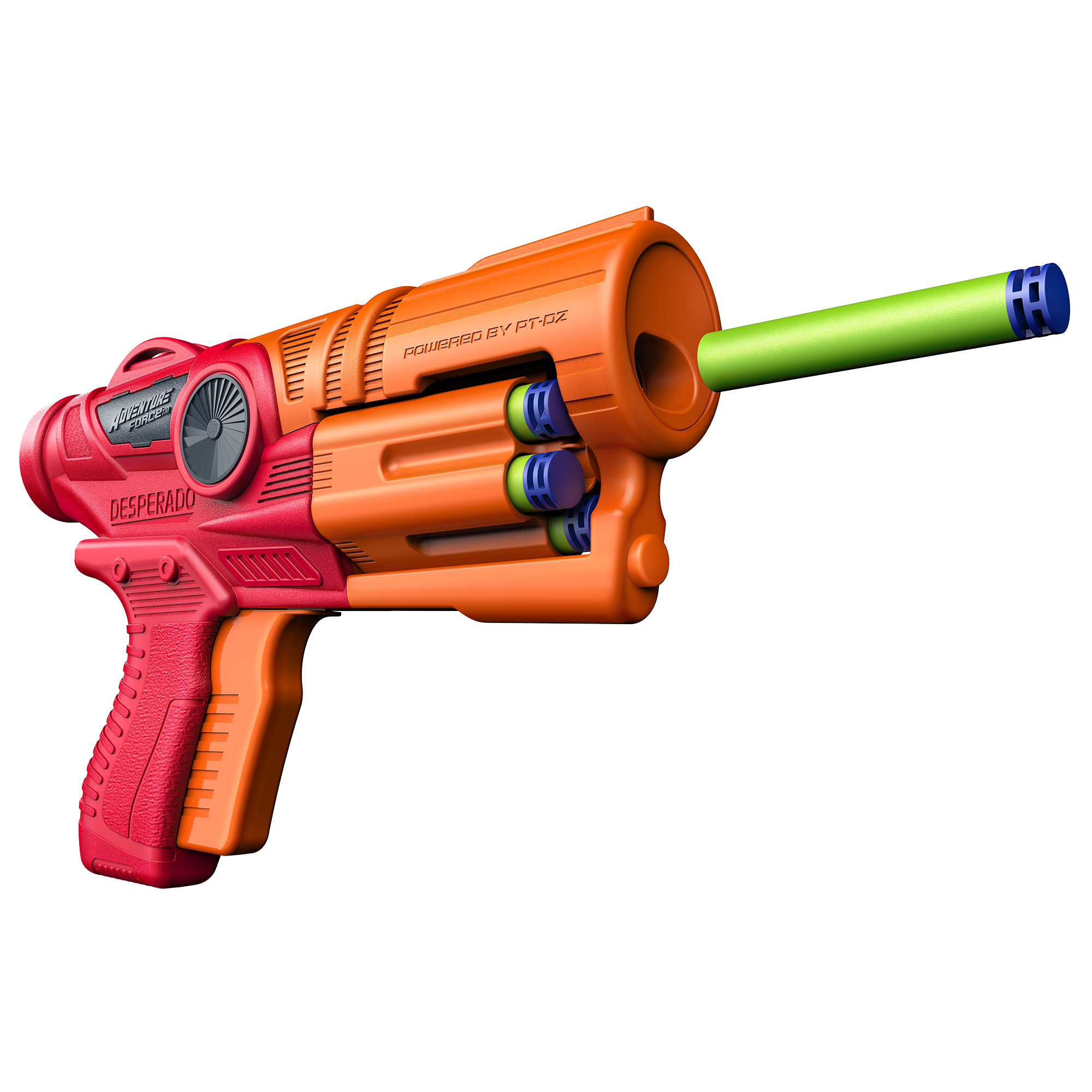 Red and orange Adventure Force Desperado blasters shoot a green dart.